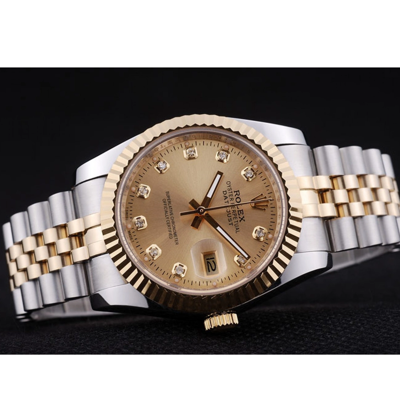 Aaa replica watch Datejust Rolex Ribbed Gold 7452 Bezel Dial Diamonds 0821